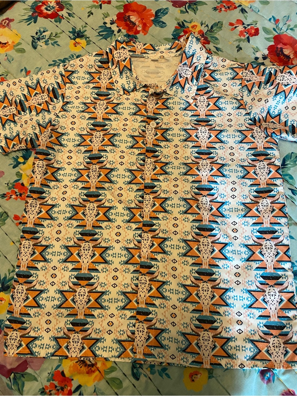 Southwestern Pattern Button-Up Shirt in White, Orange & Teal